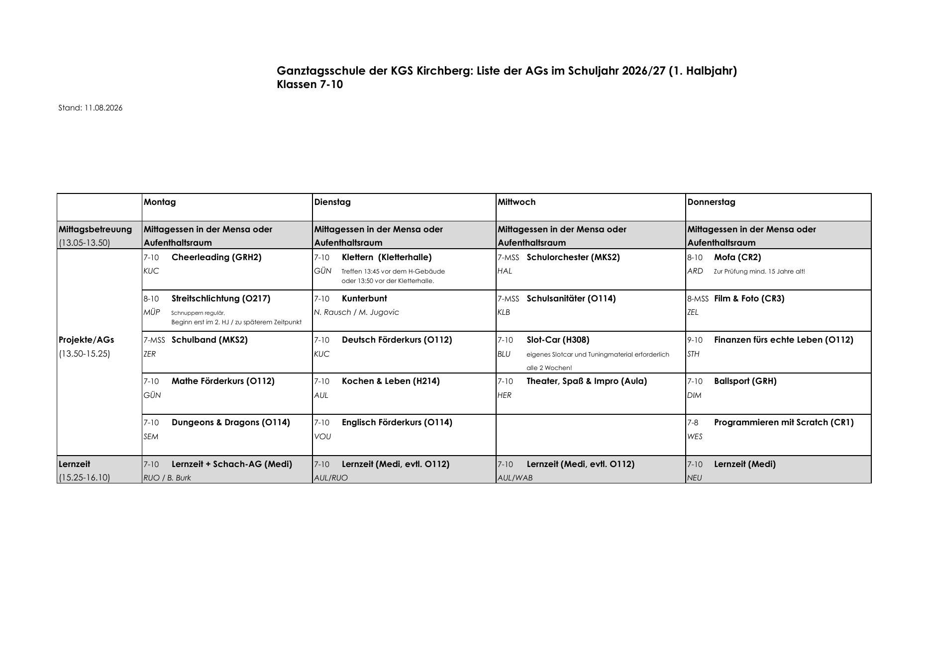 AG-Stundenplan der Ganztagsschule KGS Kirchberg, 1. Halbjahr 2026/27