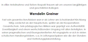 In stiller Anteilnahme und tiefem Respekt trauern wir um unseren langjährigen und geschätzen Kollegen Wendelin Greiner